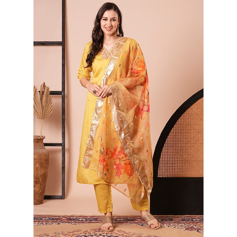 3 Pc Yellow Readymade Chanderi Dupatta Suit Set - JD986600222