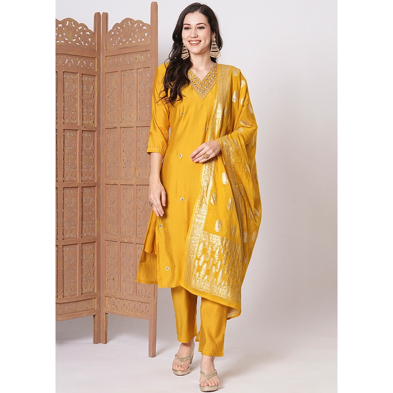 3 Pc Yellow Readymade Chanderi Dupatta Suit Set - JD986600223
