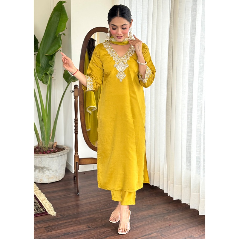 3 Pc Yellow Readymade Chanderi Dupatta Suit Set - JD986600224