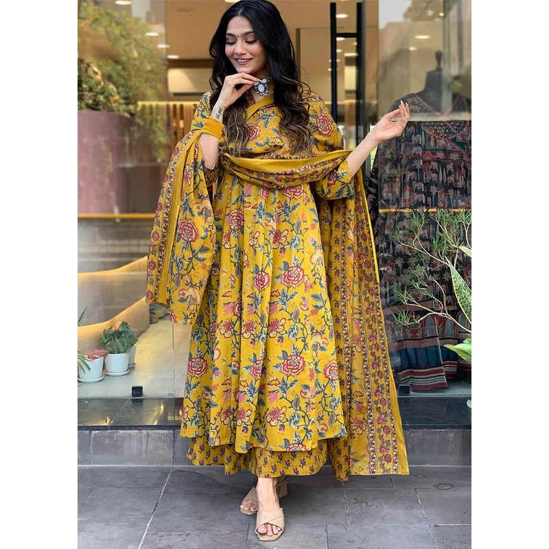 3 Pc Yellow Readymade Cotton Dupatta Suit Set - JD986600219