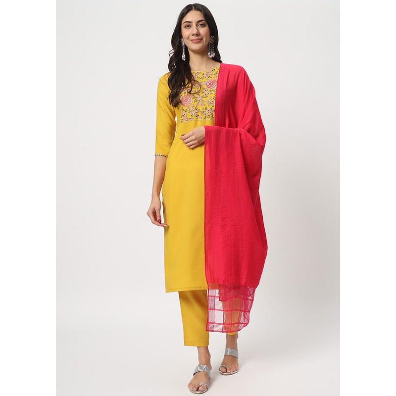3 Pc Yellow Readymade Cotton Dupatta Suit Set - JD986600220