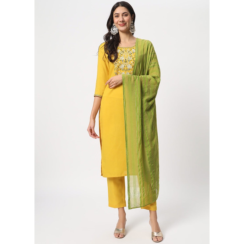 3 Pc Yellow Readymade Cotton Dupatta Suit Set - JD986600221