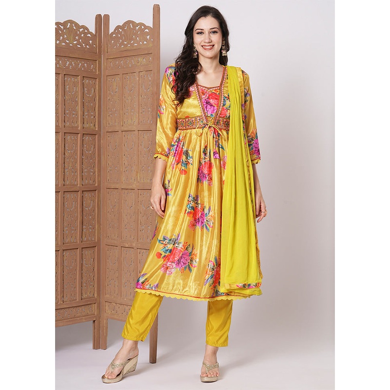 3 Pc Yellow Readymade Silk Dupatta Suit Set - JD986600217