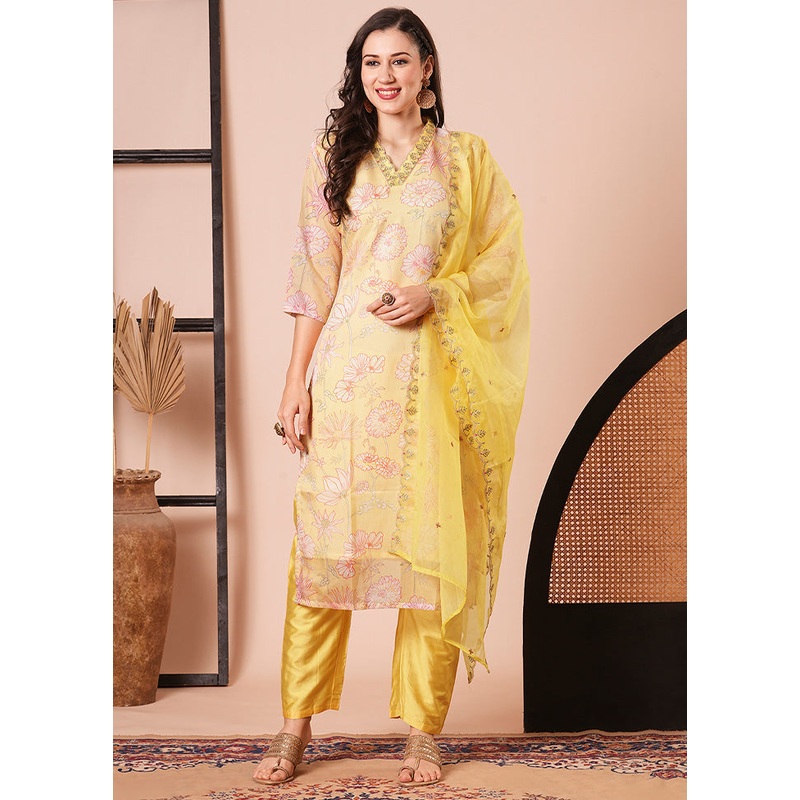 3 Pc Yellow Readymade Silk Dupatta Suit Set - JD986600218