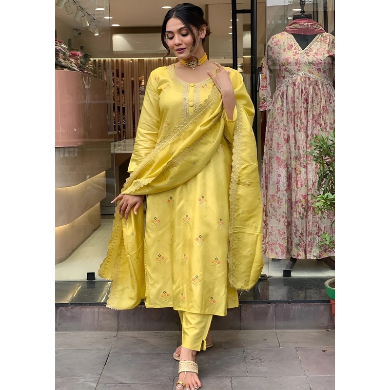 3 Pc Yellow Readymade Viscose Dupatta Suit Set - JD986600213