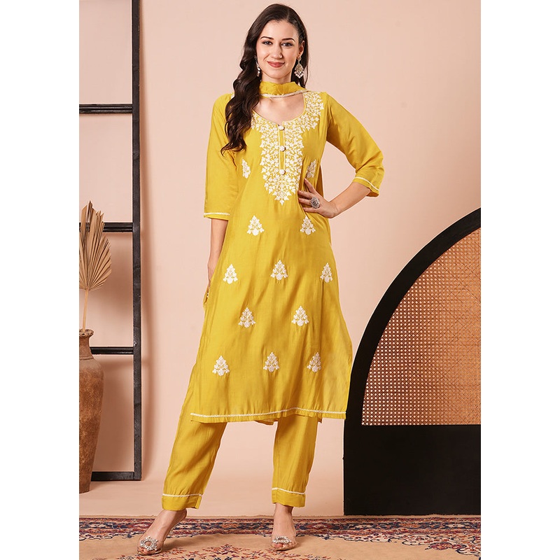 3 Pc Yellow Readymade Viscose Dupatta Suit Set - JD986600214
