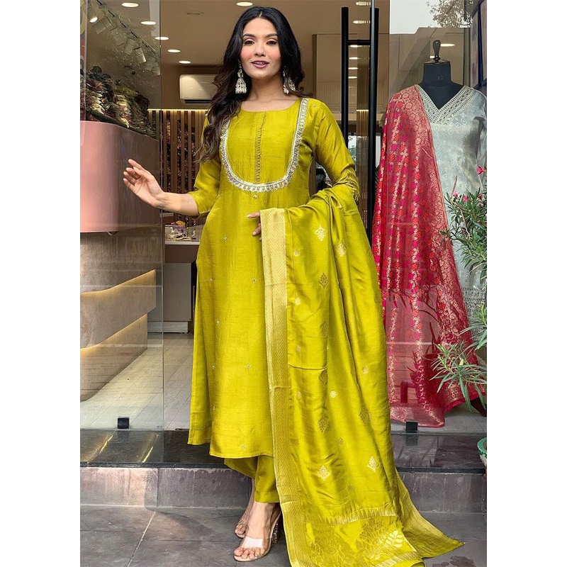 3 Pc Yellow Readymade Viscose Dupatta Suit Set - JD986600215