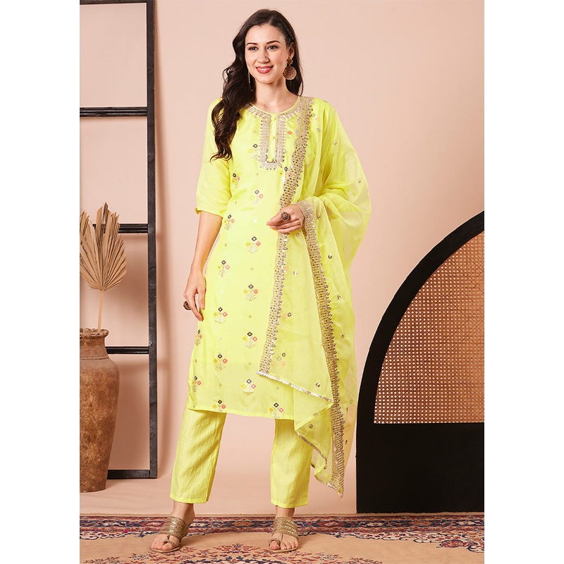 3 Pc Yellow Readymade Viscose Dupatta Suit Set - JD986600216
