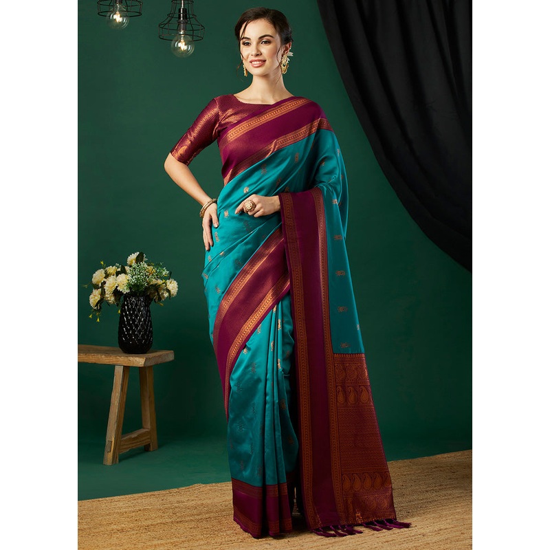 Aqua Banarasi Silk Saree With Blouse Piece - JD986600035