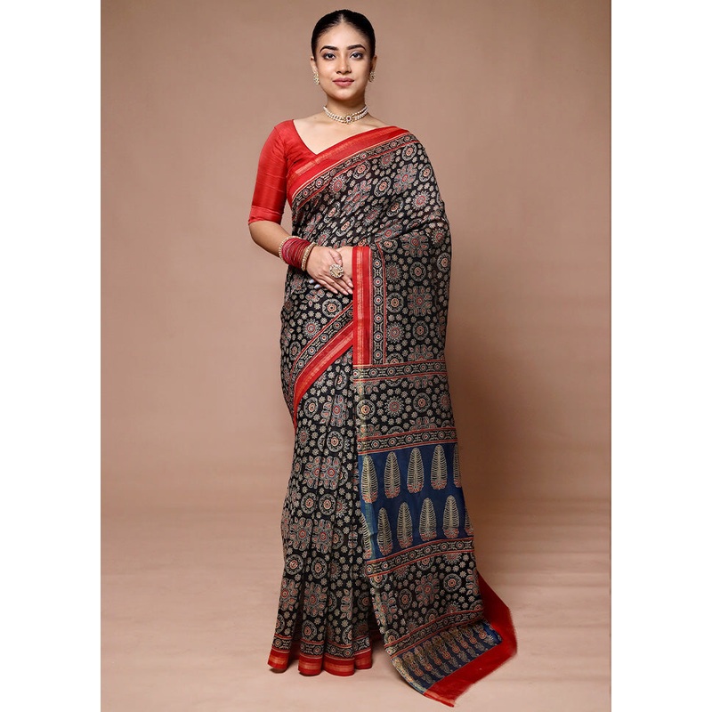 Black Chanderi Cotton Saree With Blouse Piece - JD986600090
