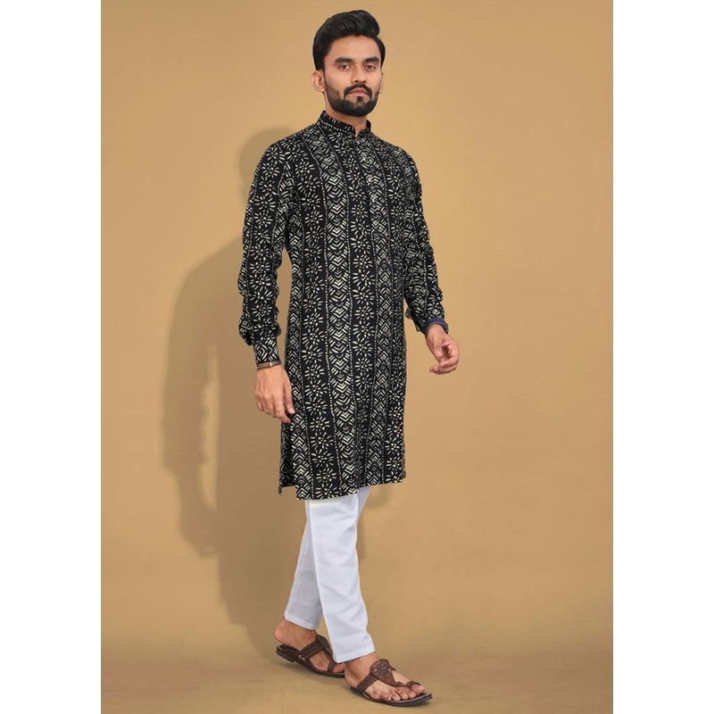 Black Cotton Kurta And Pajama Set - JD986600188