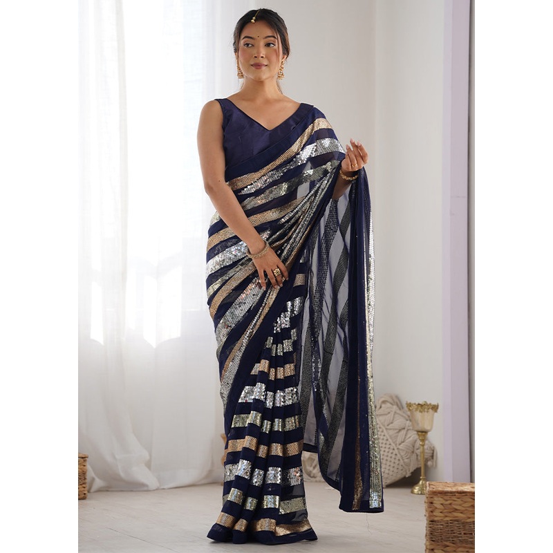 Black Georgette Saree With Blouse Piece - JD986600028