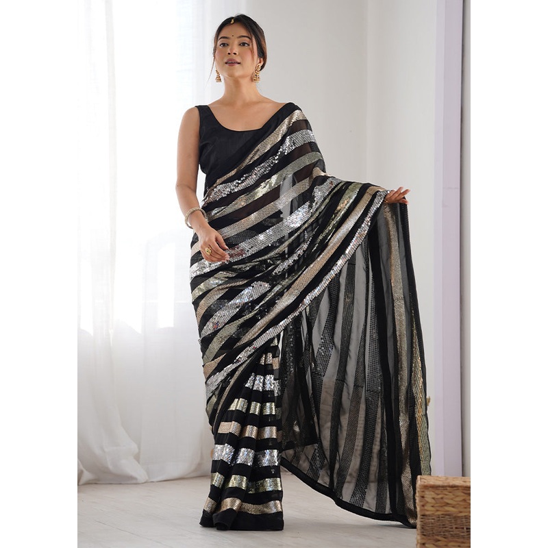 Black Georgette Saree With Blouse Piece - JD986600032