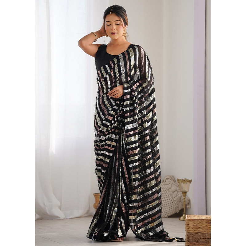 Black Georgette Saree With Blouse Piece - JD986600033