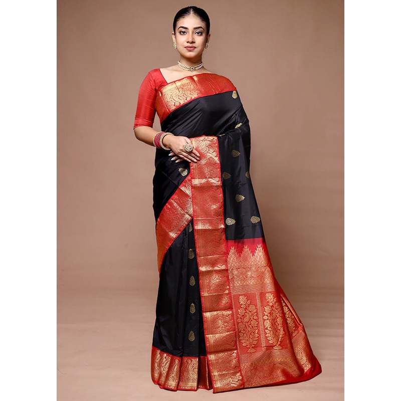 Black Handloom Kanchipuram Pure Silk Saree With Blouse Piece - JD986600089