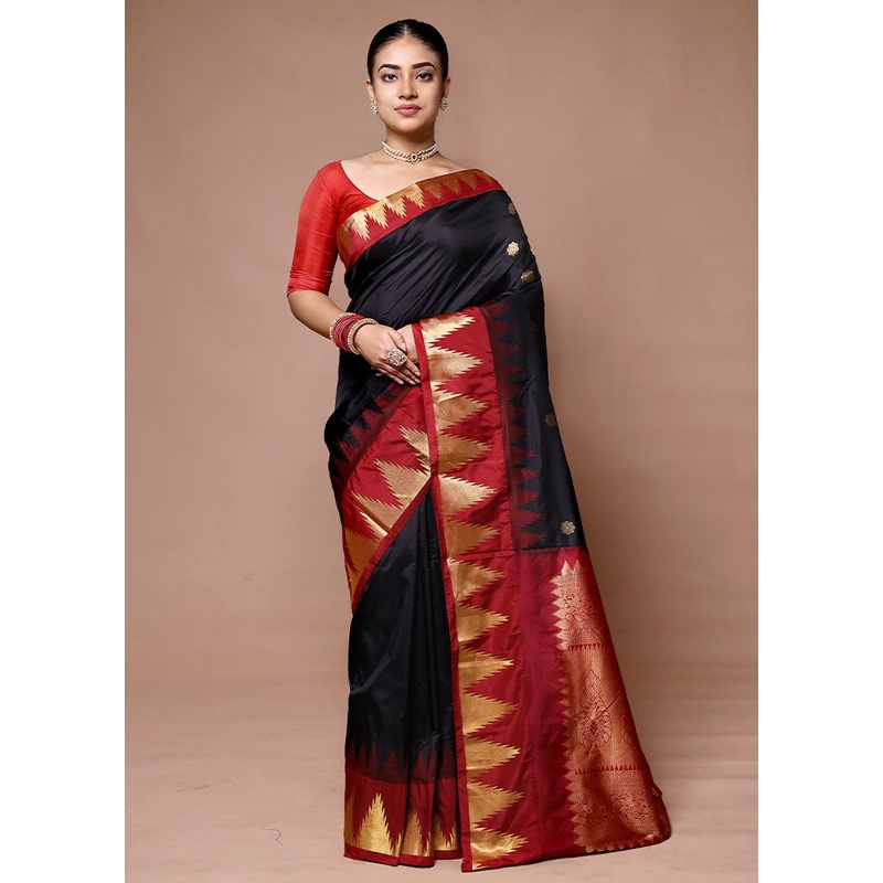 Black Handloom Kanjivaram Pure Silk Saree With Blouse Piece - JD986600088