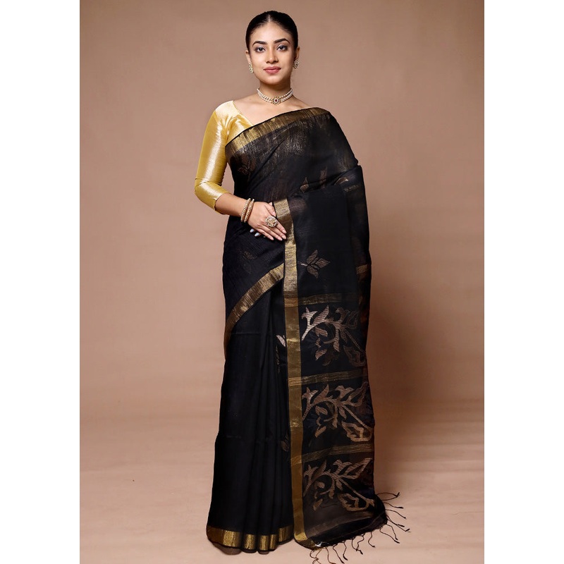 Black Handloom Matka Pure Silk Saree With Blouse Piece - JD986600087