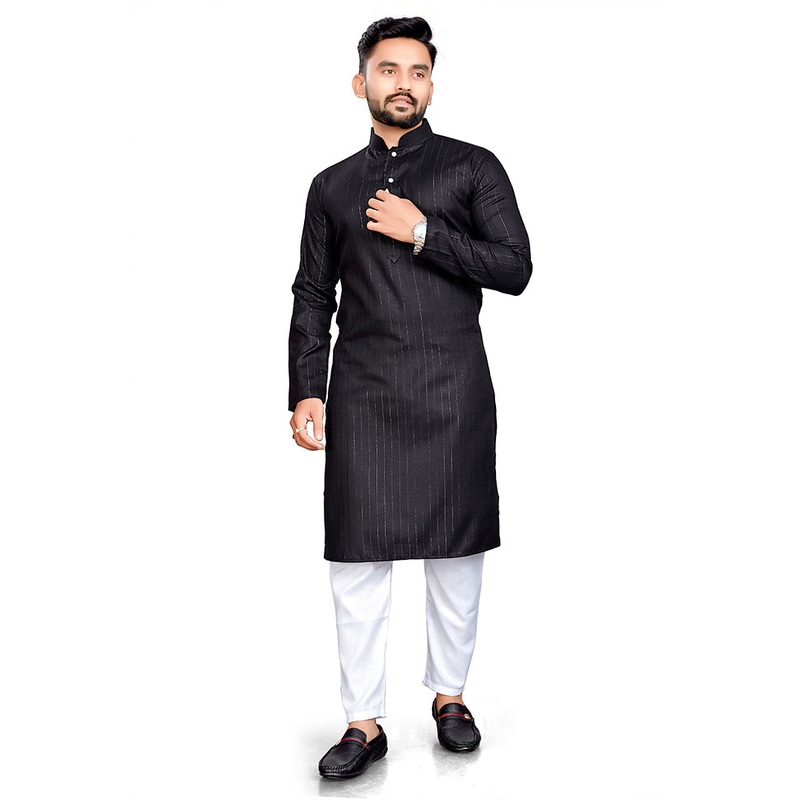 Black Pure Cotton Kurta And Pajama Set - JD986600184