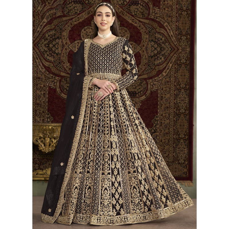 Black Semi Stitched Net Dupatta Indian Dress - JD986600194