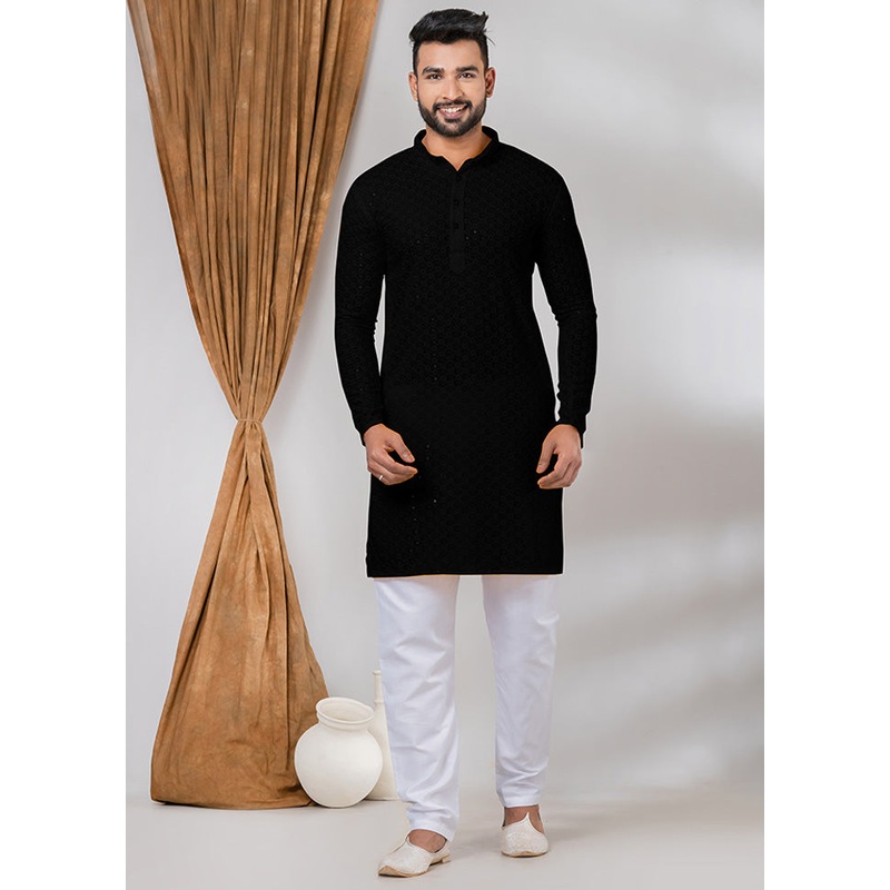 Black Silk Kurta And Pajama Set - JD986600183