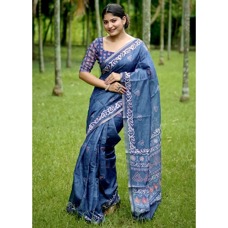 Blue Cotton Saree With Blouse Piece - JD986600029