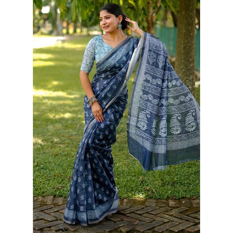 Blue Cotton Saree With Blouse Piece - JD986600030