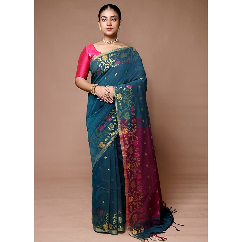 Blue Cotton Saree With Blouse Piece - JD986600078