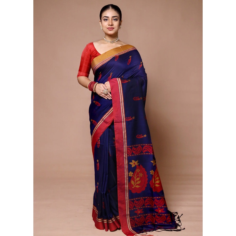 Blue Cotton Saree With Blouse Piece - JD986600079