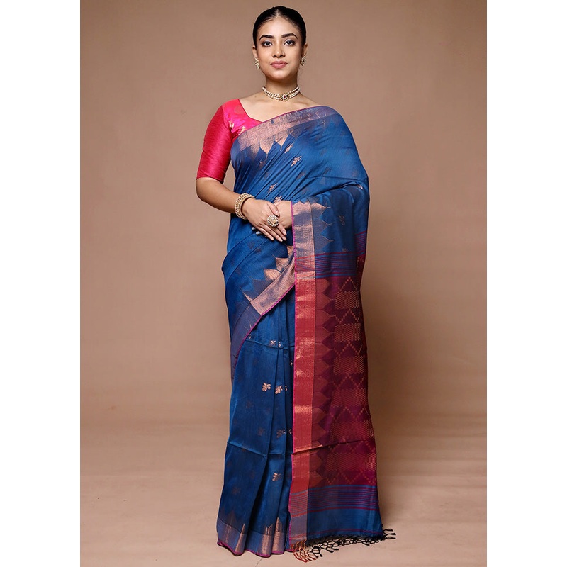 Blue Cotton Saree With Blouse Piece - JD986600080