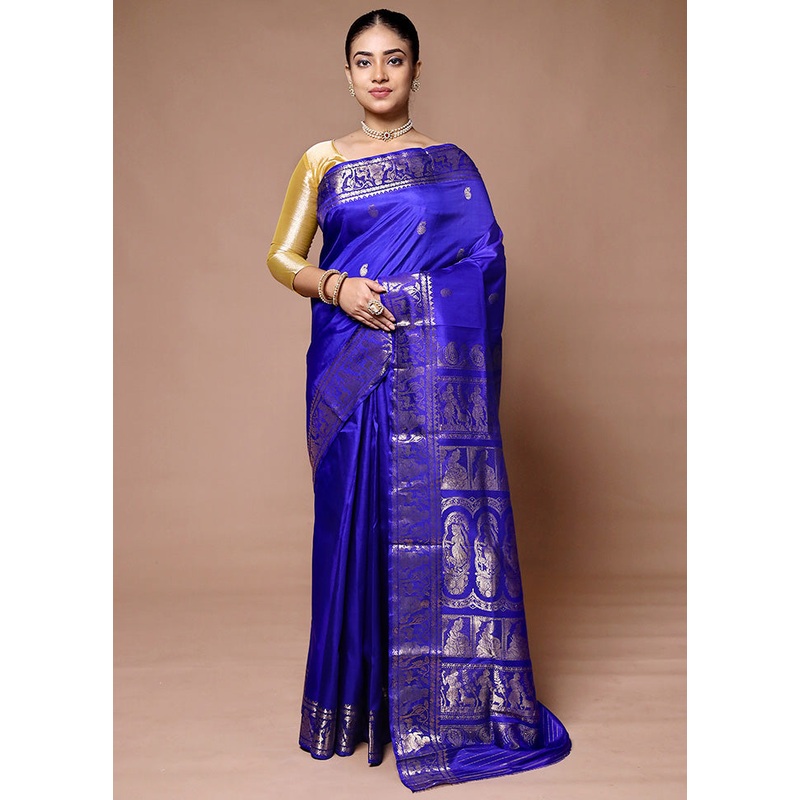 Blue Handloom Baluchari Pure Silk Saree With Blouse Piece - JD986600086