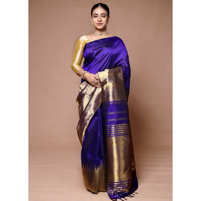 Blue Handloom Kanchipuram Pure Silk Saree With Blouse Piece - JD986600085