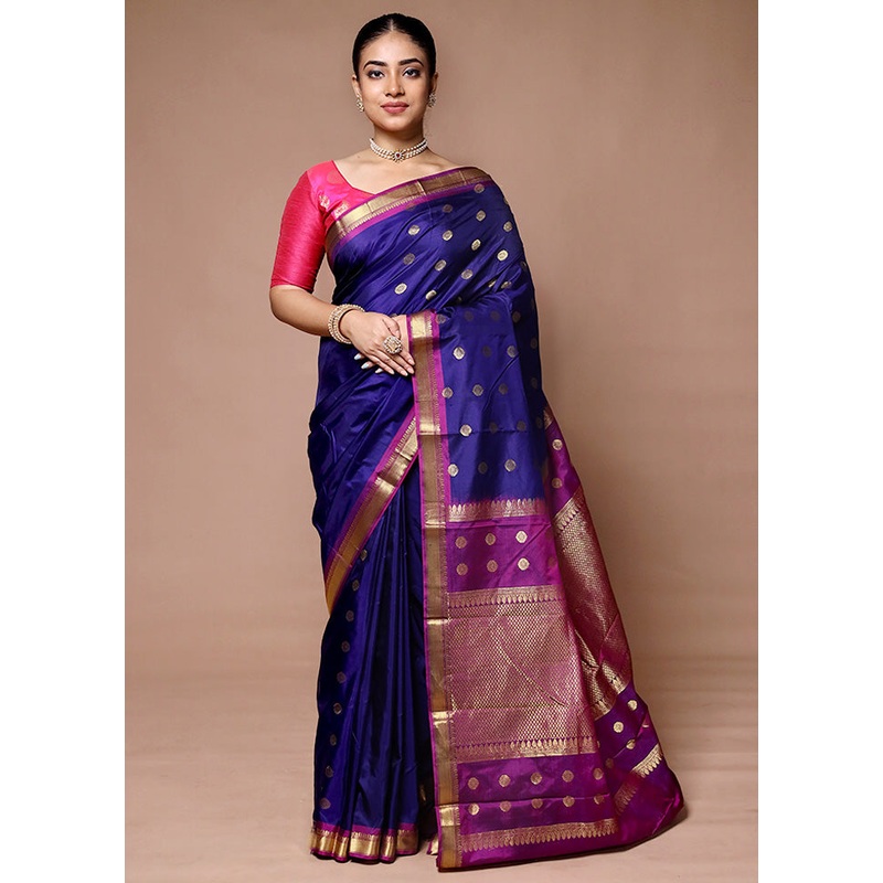 Blue Handloom Kanjivaram Pure Silk Saree With Blouse Piece - JD986600084