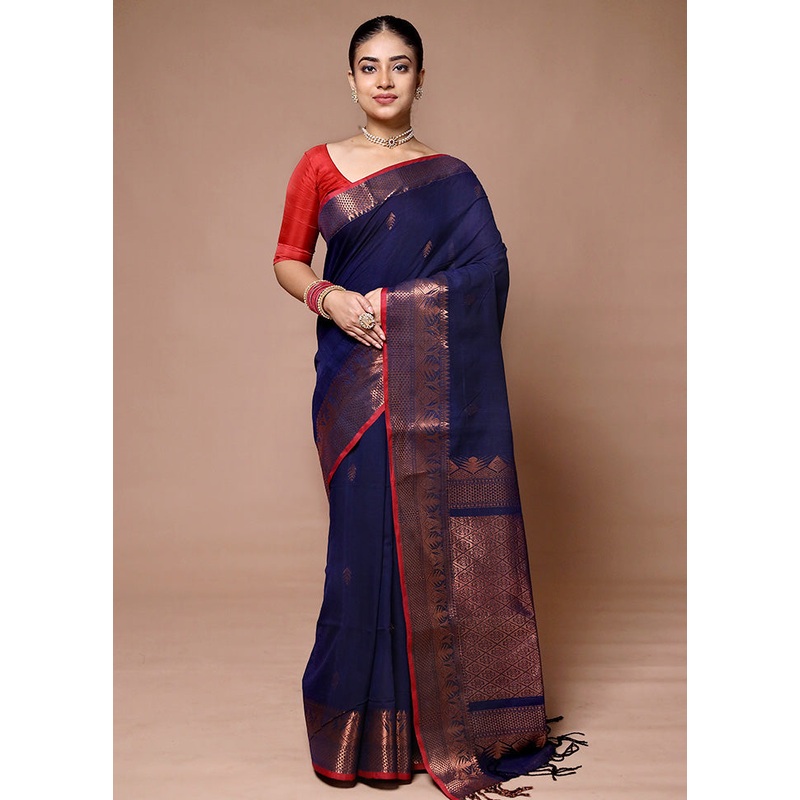 Blue Matka Silk Saree With Blouse Piece - JD986600077