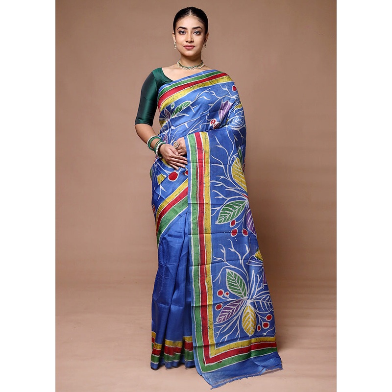 Blue Printed Pure Silk Saree Without Blouse Piece - JD986600076