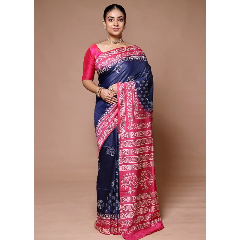 Blue Printed Silk Saree Without Blouse Piece - JD986600075
