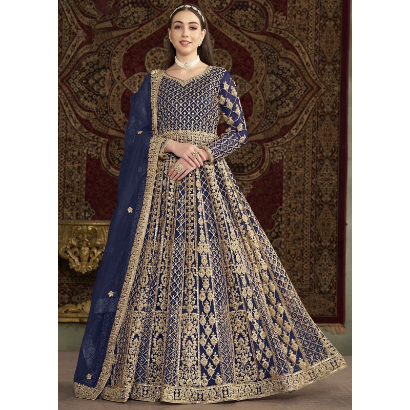 Blue Semi Stitched Net Dupatta Indian Dress - JD986600193