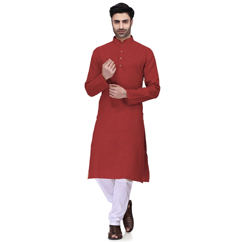 Dark Red Cotton Kurta And Pajama Set - JD986600180