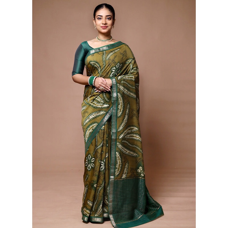 Green Chanderi Cotton Saree With Blouse Piece - JD986600071
