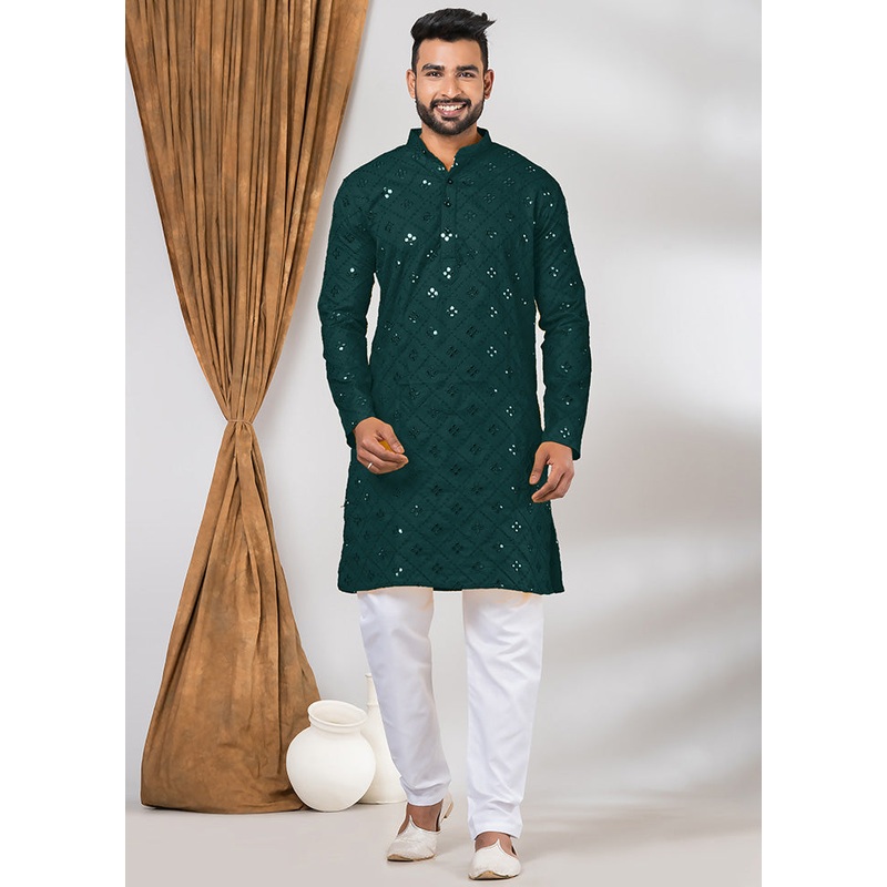 Green Cotton Kurta And Pajama Set - JD986600179