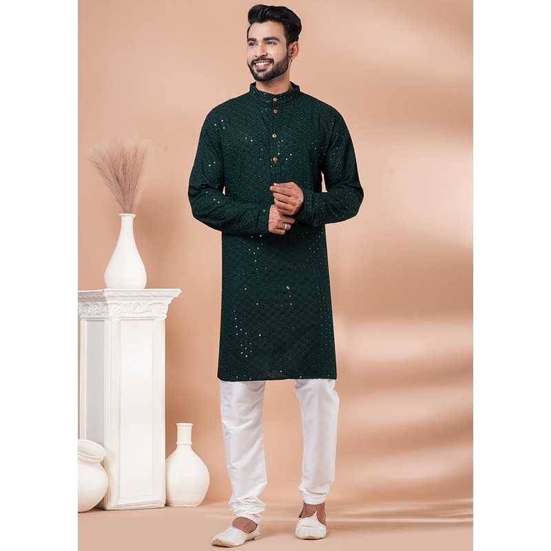 Green Silk Kurta And Pajama Set - JD986600178
