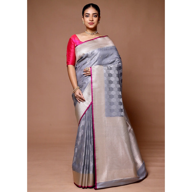 Grey Katan Silk Saree With Blouse Piece - JD986600062