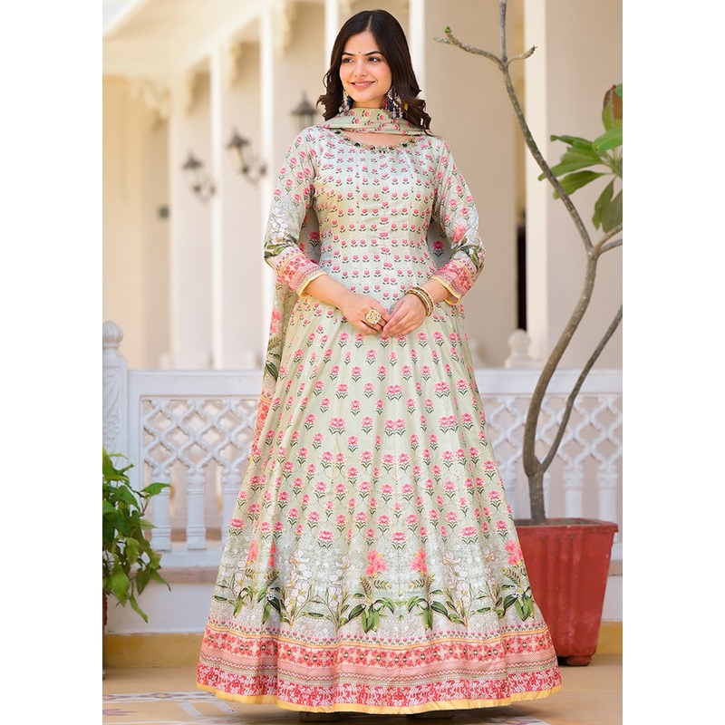 Grey Readymade Silk Dupatta Indian Dress - JD986600204