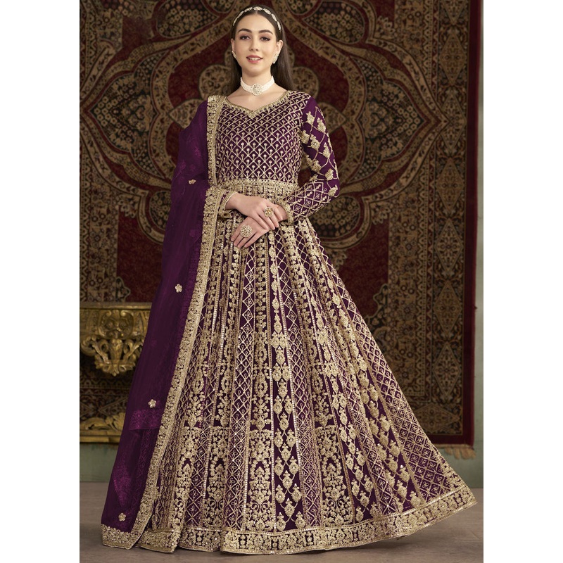 Magenta Semi Stitched Net Dupatta Indian Dress - JD986600192