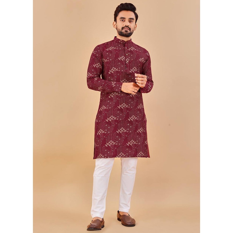 Maroon Cotton Kurta And Pajama Set - JD986600172