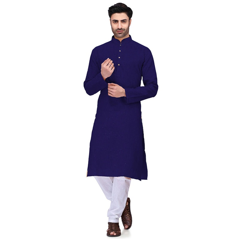 Navy Blue Cotton Kurta And Pajama Set - JD986600147