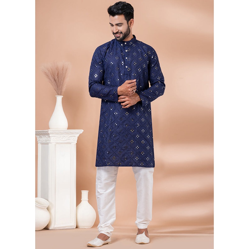 Navy Blue Cotton Kurta And Pajama Set - JD986600148