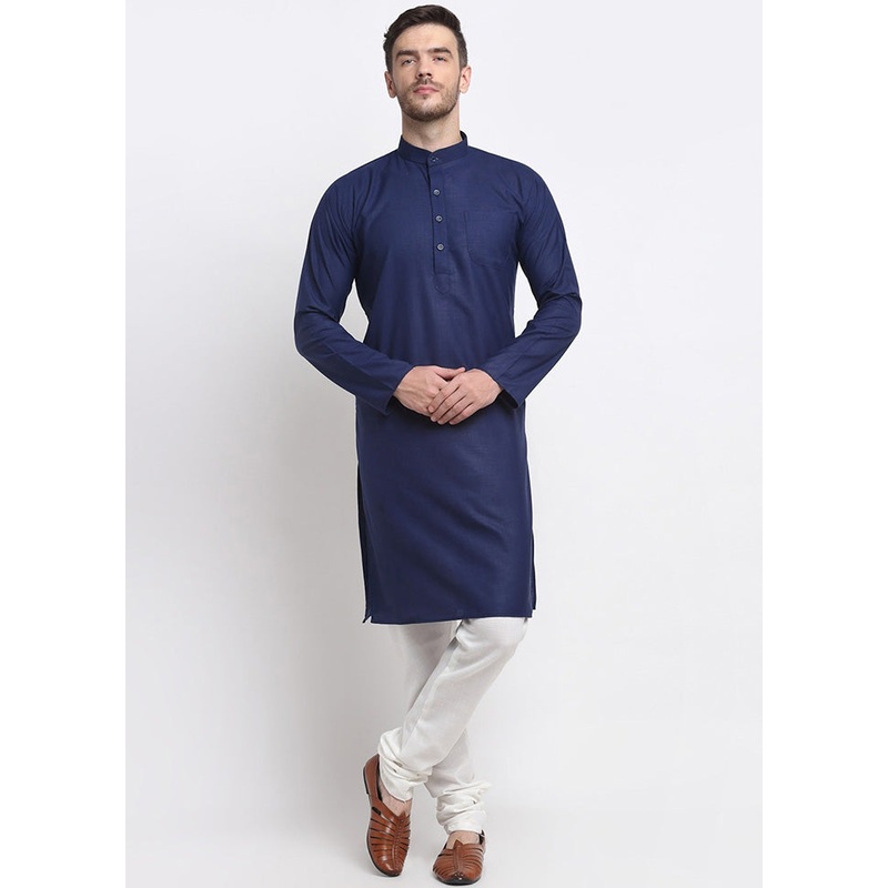 Navy Blue Cotton Kurta And Pajama Set - JD986600149