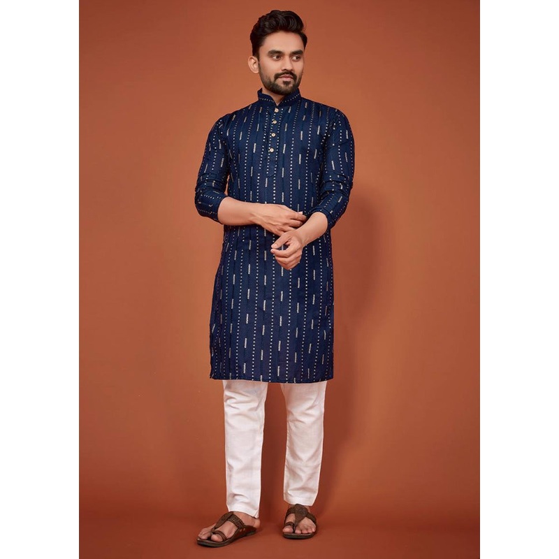 Navy Blue Cotton Kurta And Pajama Set - JD986600150
