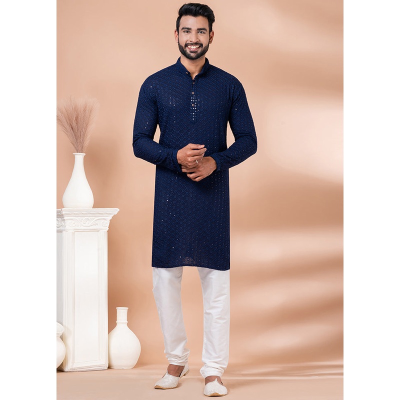 Navy Blue Silk Kurta And Pajama Set - JD986600146