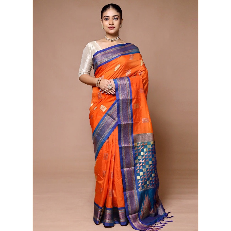 Orange Kanjivaram Silk Saree With Blouse Piece - JD986600057